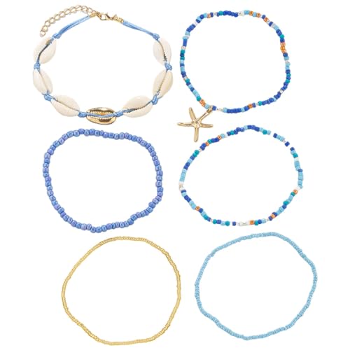 LEEQ Fußkettchen Boho Stil mit Muscheln Seestern Gold - Knöchel-Armbänder, geschichtet und verwoben, gewebt, Muscheln, goldfarben, Perlen, Strand-Fußschmuck für Damen Mädchen(6pcs)