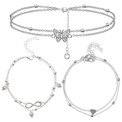 3 Stück Fußkettchen Damen, Boho Fußkettchen Set Strand Fußkettchen Modeschmuck Verstellbare Fußkette Geschichtete Fußkettchen Doppelt Wasserfestes Fußkettchen Zweireihige Fußkette für Frauen Mädchen