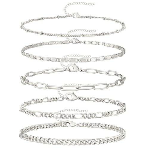 SpetngSake 5 Stück Fußkettchen Silber für Damen,Vintage Fussketten für Frauen,Fußkette Silber Damen,Fußkettchen Wunderschöner,Stapelbares Armbänder Set Schmuck für Mutter,Freundin,Frau,Schwester