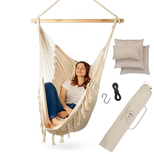 BELLAMATILDA® HÄNGESESSEL 3 Kissen & Zubehör mit Seil und Haken | Hängeschaukel Outdoor & Indoor | XXL Hängesitz für Erwachsene & Kinder bis 150 kg | Garten, Wohnzimmer, Balkon (Bohemian Beige)