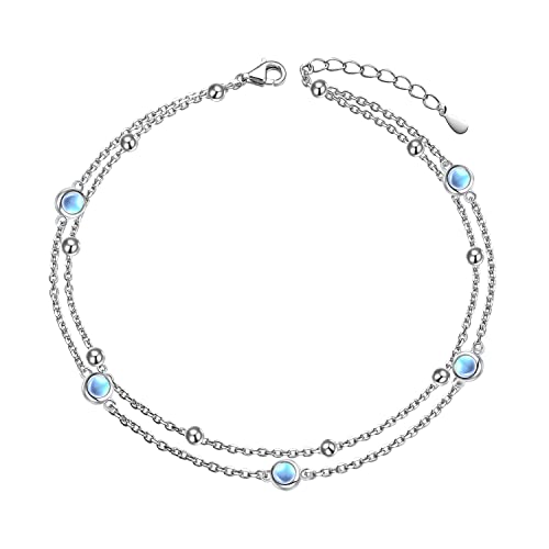 HOOHWE Fußkettchen für Damen 925 Sterling Silber Layered Ankle Bracelet Längenverstellbar Mondstein Fussketten Armbänder Sommer Fusskette Schmuck für Frauen und Mädchen