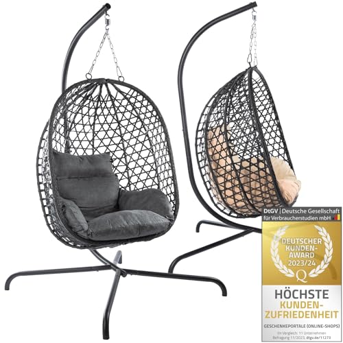 Hängesessel mit Gestell; Hängekorb Sessel; Schwebeliege Rattan Outdoor & Indoor Relax-Stuhl; Egg Schaukel ideal für Garten, Terasse, Kinderzimmer, Leseecke UVM. 120kg Tragkraft (Grau)