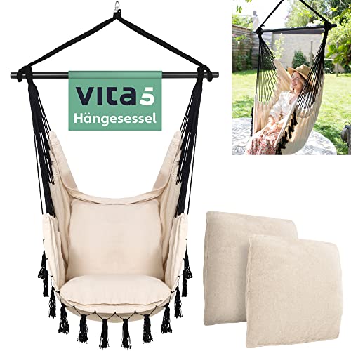 VITA5 Hängesessel Outdoor - Stabiler & Sicherer Hängestuhl - Stylischer Hängesessel Indoor - Schaukel für Erwachsene & Kinder - Bequeme Boho Raumdeko - 200kg Tragkraft (Creme Beige)