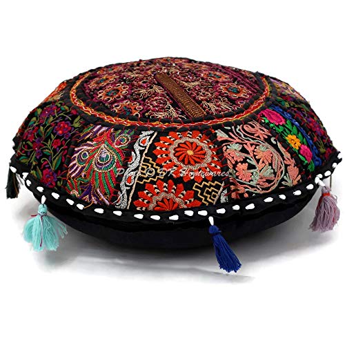 DK Homewares Ethnisch Baumwolle bodenkissen bezug abnehmbar 45x45 Runde Sitzkissen Bohemian Schwarz Patchwork Gestickt Wohnkultur Rund Vintage Orientalische Sitzkissen - 18x18 Inch